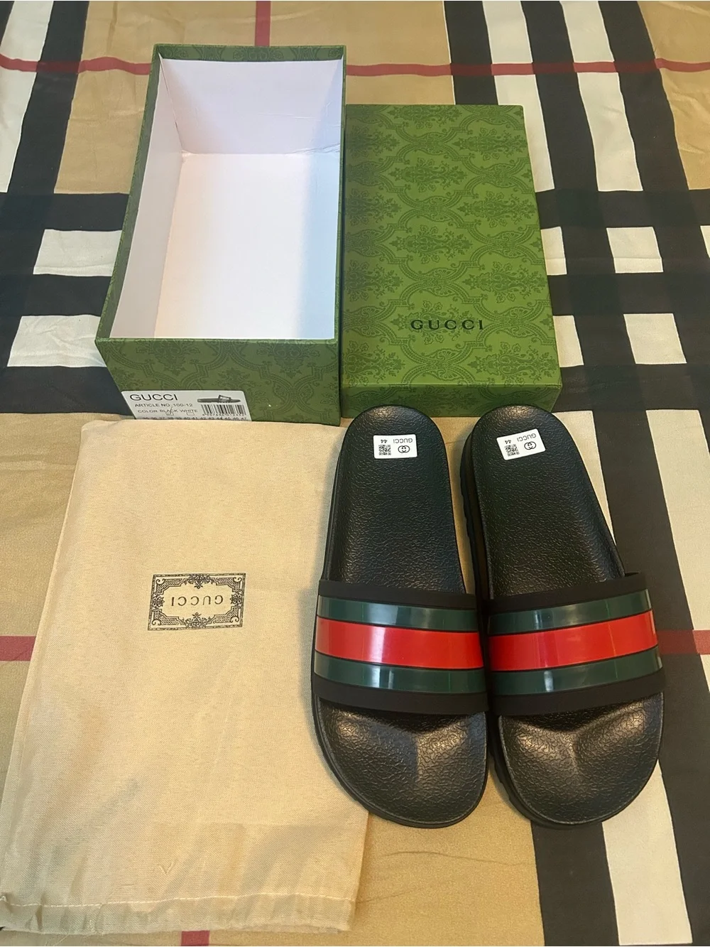 Gucci Black Slides with Green and Red Web Stripe